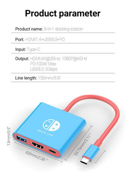 3 IN 1 Docking Station for Switch Portable TV Dock Station Replacement for Official Nintendo Switch with HDMI and USB 3.0 Port and Charging Port