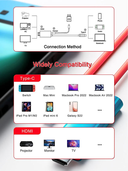 Portable Switch Dock USB Type C to HDMI Conversion Cable for TV Docking Mode Compatible with Nintendo Switch, Steam Deck, Samsung Dex Station S21/S20/Note20/TabS7